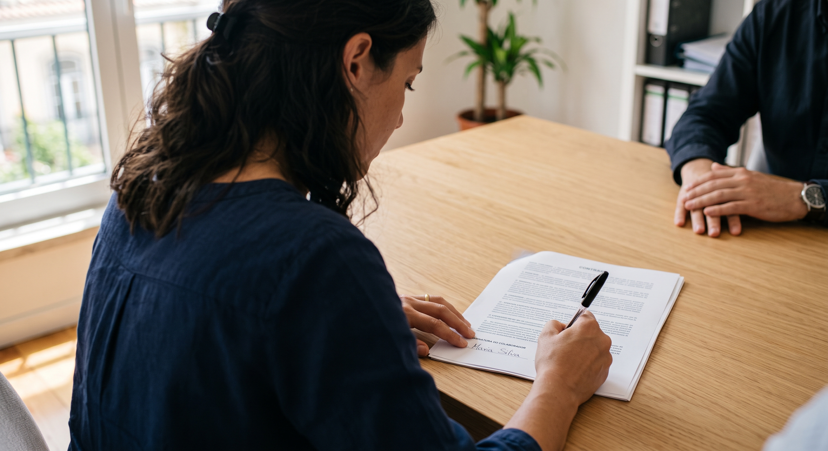 Trabalhadora a assinar um contrato de trabalho sem termo sobre a mesa de reuniões