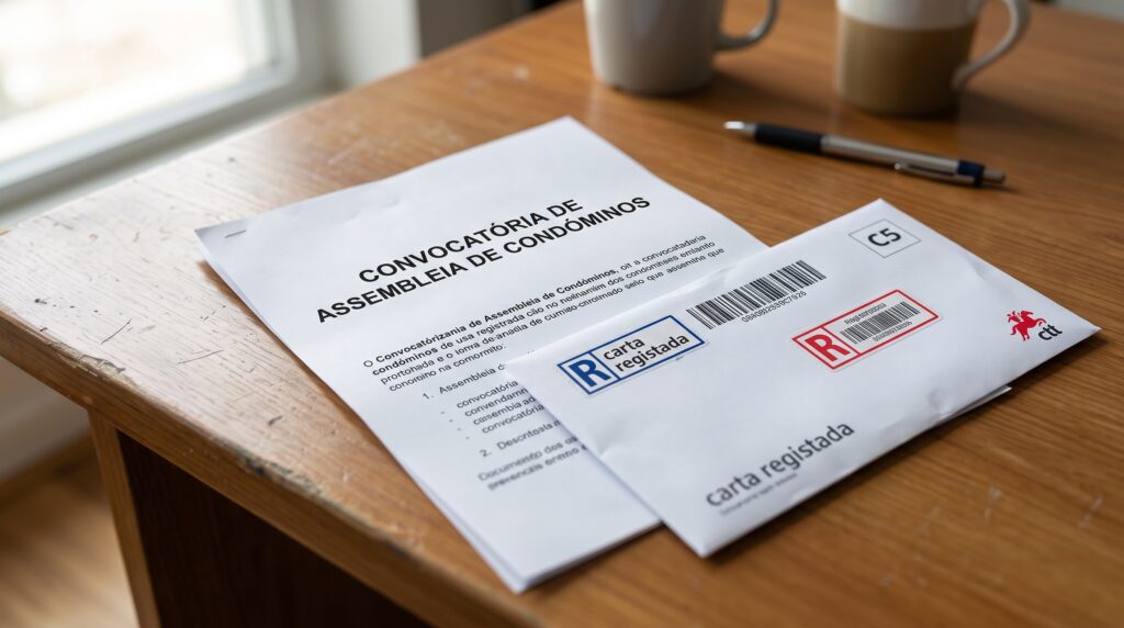 Convocatória de assembleia de condóminos sobre uma mesa, ao lado de um envelope de carta registada