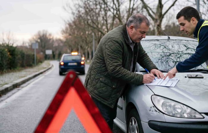 Dois condutores a preencher a declaração amigável sobre o capô de um carro, à beira de uma estrada, depois de um embate ligeiro.