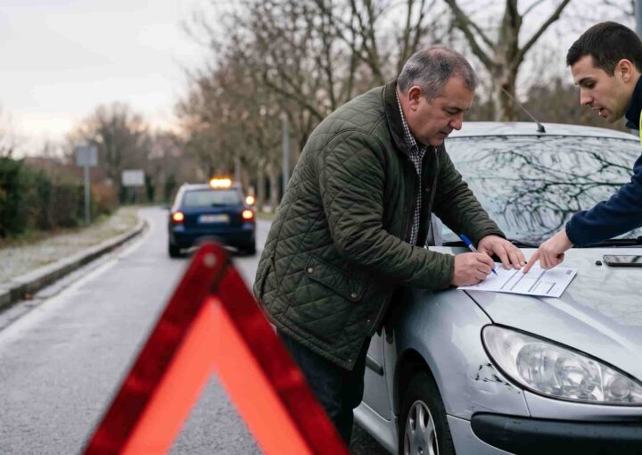 Dois condutores a preencher a declaração amigável sobre o capô de um carro, à beira de uma estrada, depois de um embate ligeiro.