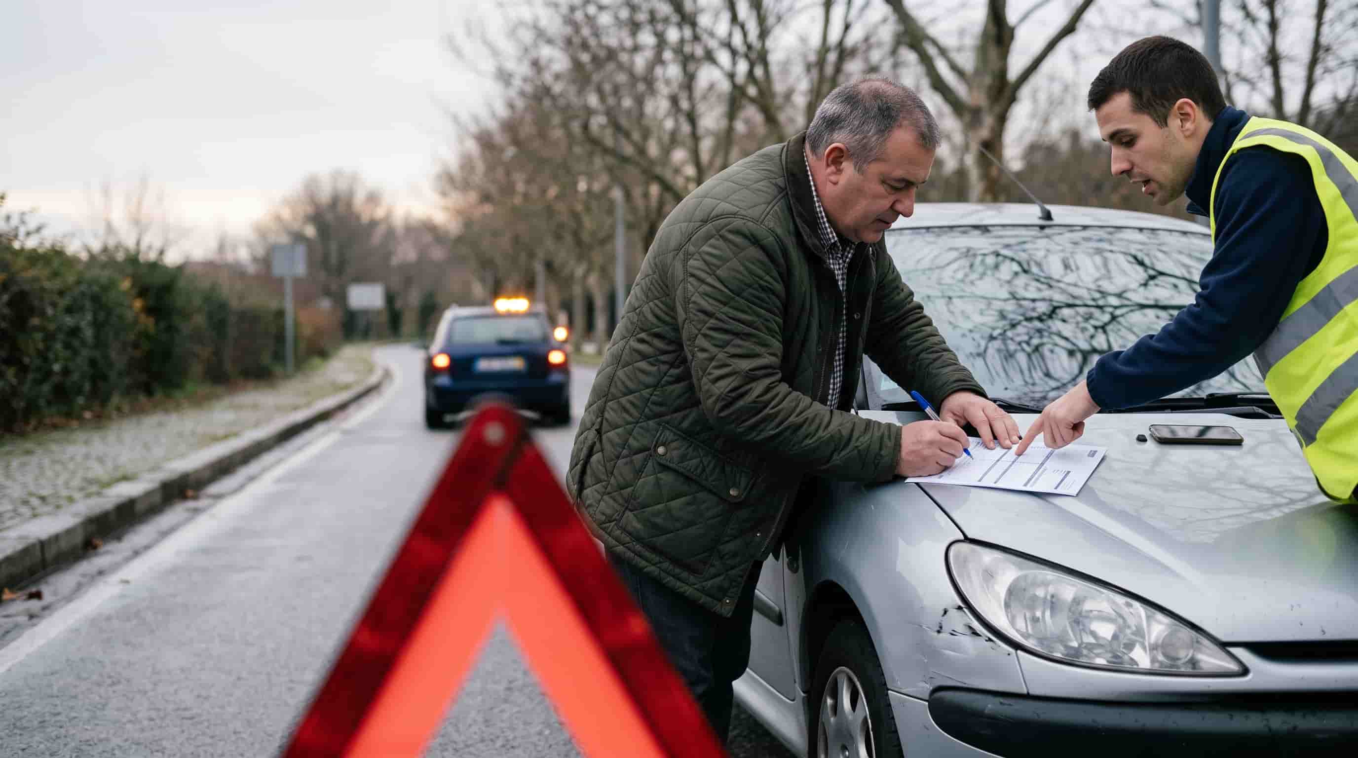 Dois condutores a preencher a declaração amigável sobre o capô de um carro, à beira de uma estrada, depois de um embate ligeiro.