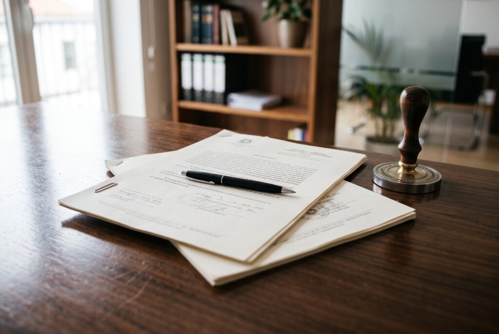 Documentos de escritura de compra de casa sobre a mesa de um cartório, com uma caneta pousada