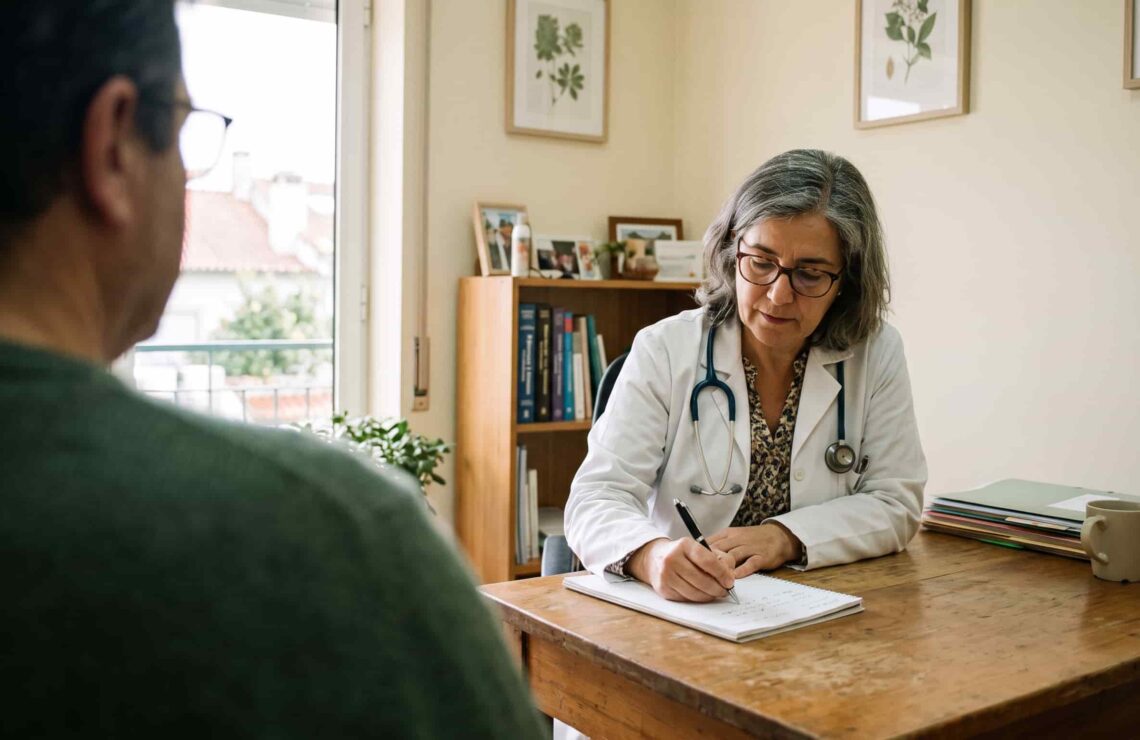 Consulta médica num consultório com o médico a tomar notas
