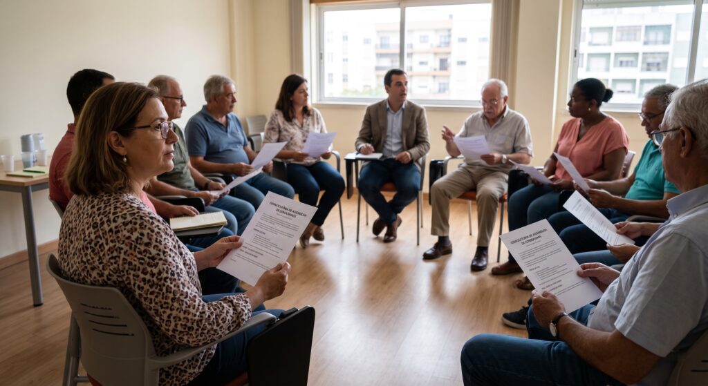 Mãos a contar votos numa assembleia de condóminos, com a lista de permilagens à frente