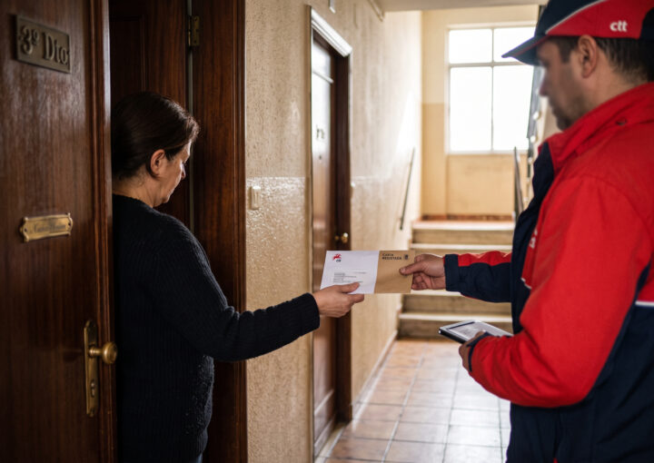 Inquilino à porta de um apartamento a receber carta registada do senhorio