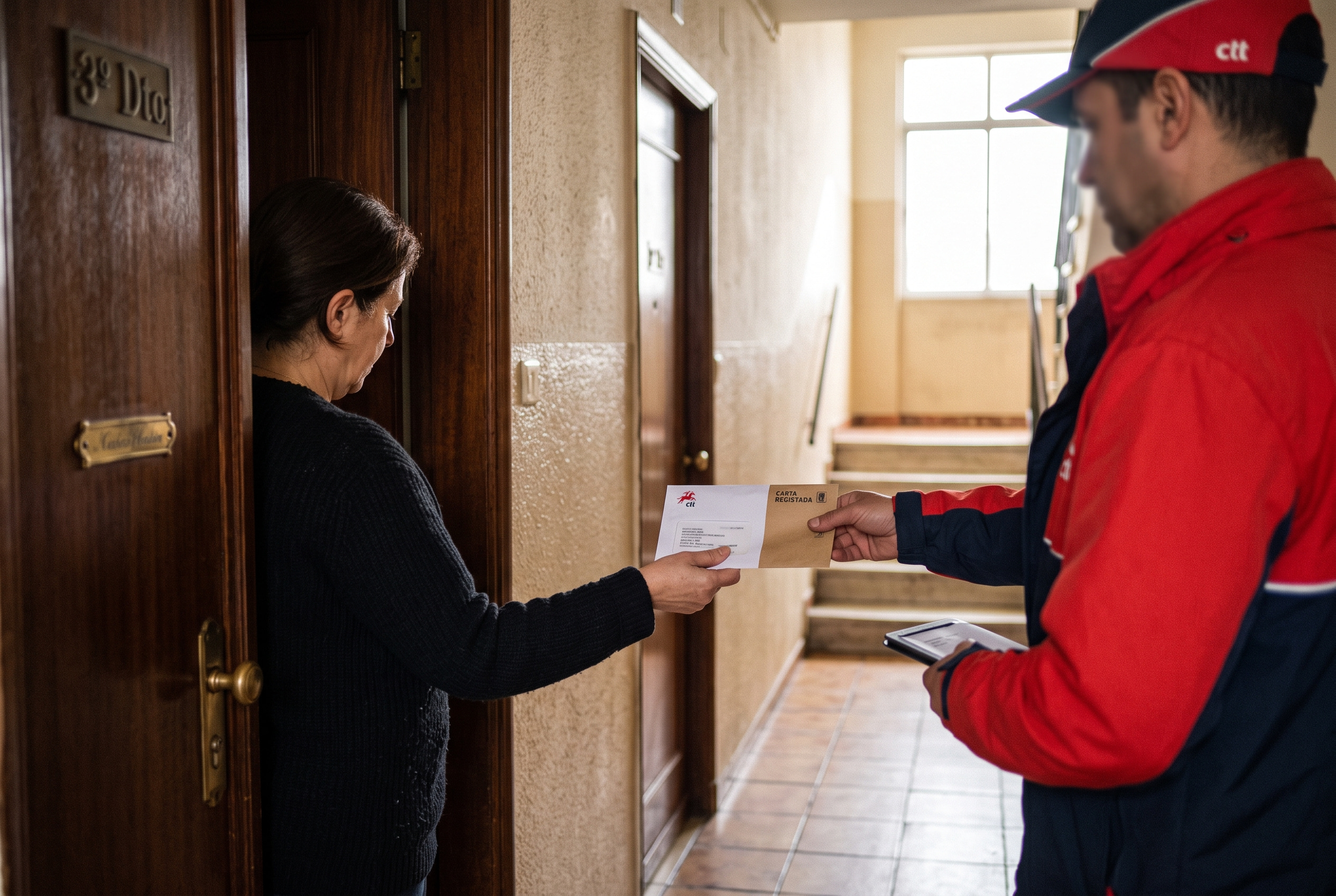 Inquilino à porta de um apartamento a receber carta registada do senhorio