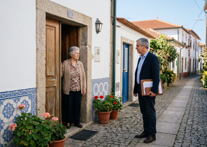Senhora idosa à porta de casa a conversar com homem adulto com pasta de documentos, a ilustrar usufrutuário e proprietário