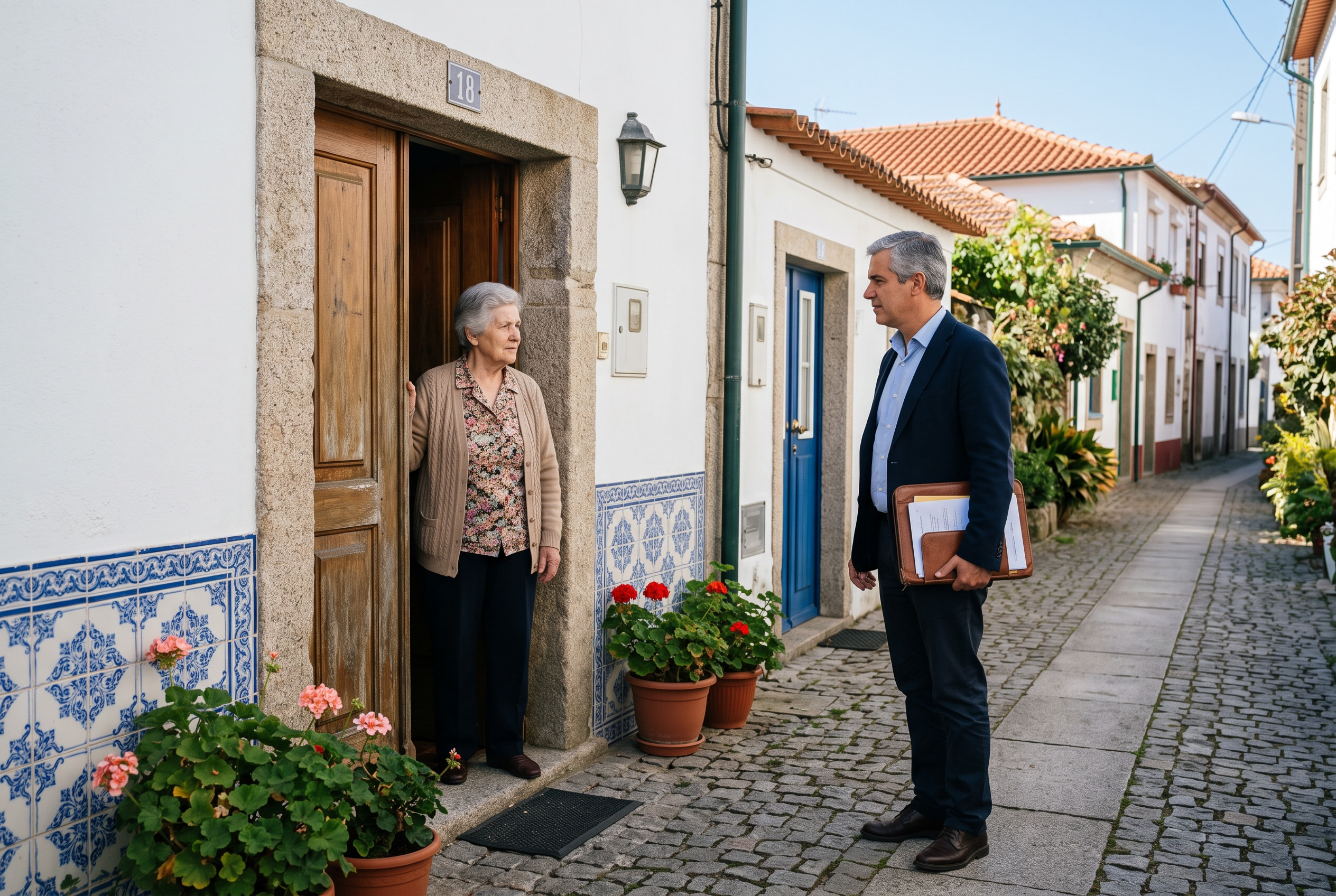 Senhora idosa à porta de casa a conversar com homem adulto com pasta de documentos, a ilustrar usufrutuário e proprietário