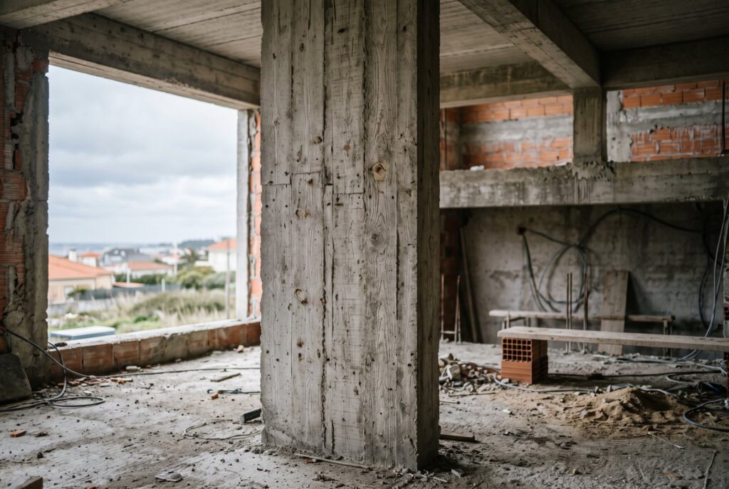 Pilar de betão à vista numa habitação em construção