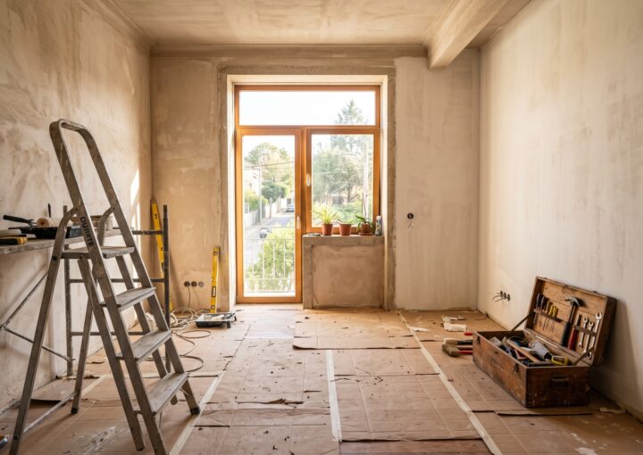 Sala de habitação em obra com ferramentas e proteções no chão