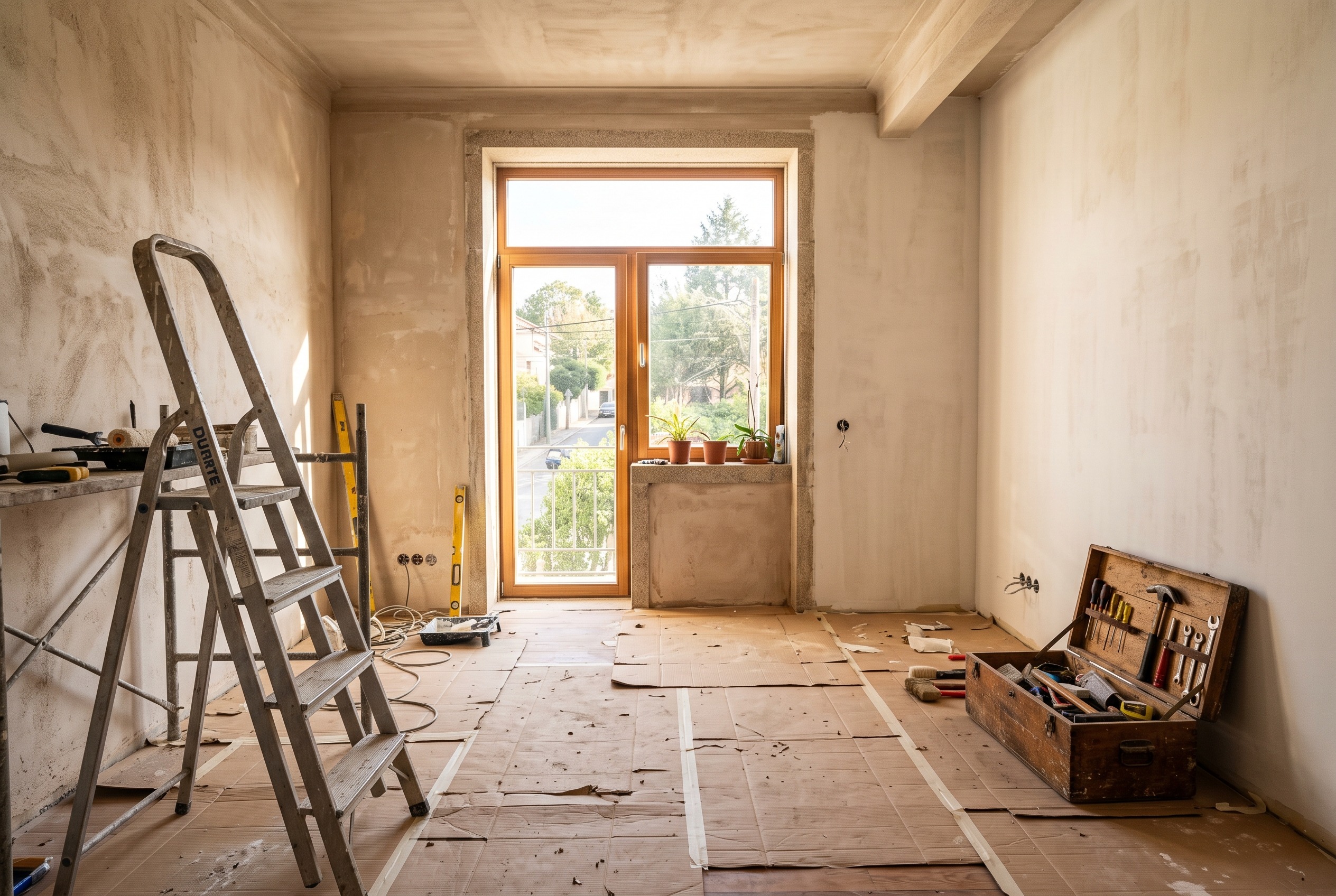 Sala de habitação em obra com ferramentas e proteções no chão