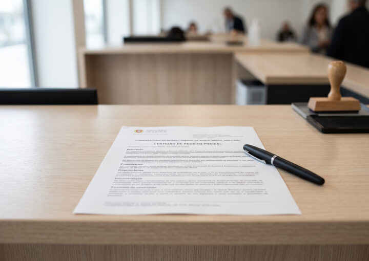 Certidão predial e caneta sobre mesa de conservatória, a simbolizar o cancelamento do usufruto no registo