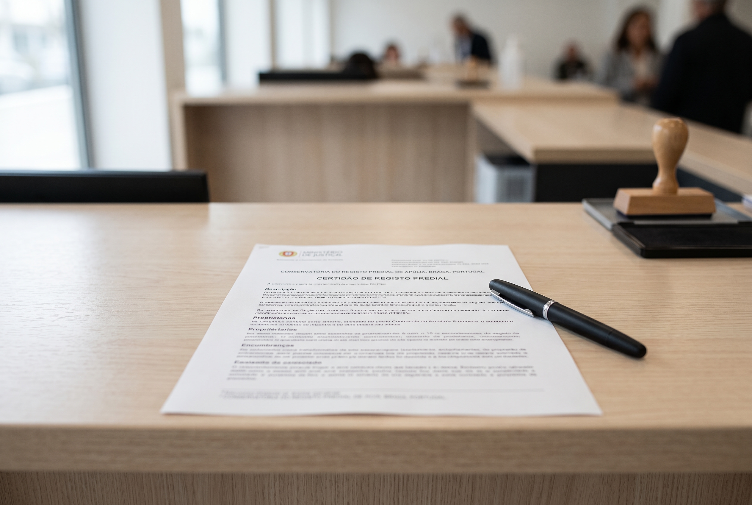 Certidão predial e caneta sobre mesa de conservatória, a simbolizar o cancelamento do usufruto no registo