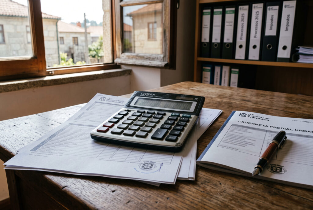 Calculadora e documentos fiscais junto a uma caderneta predial