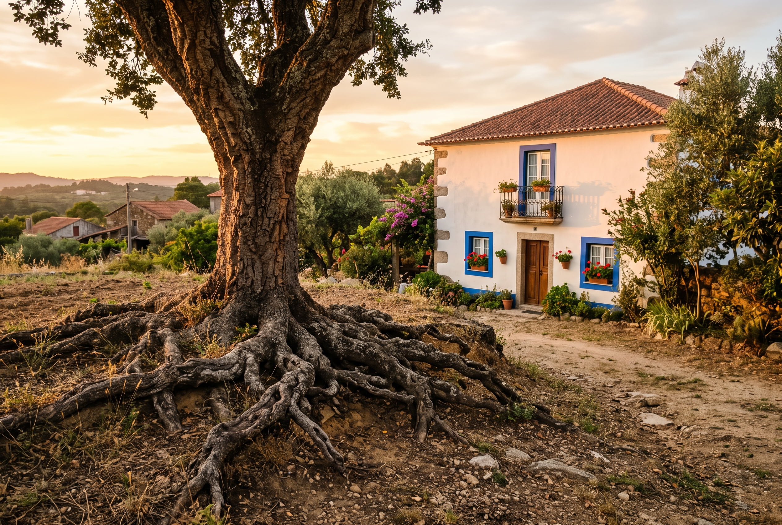 Fachada de casa portuguesa com árvore de raízes visíveis em primeiro plano, a simbolizar a propriedade de raiz