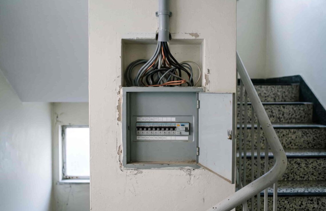 Quadro elétrico geral aberto num patamar de escadas de um prédio, com disjuntores e cabos à vista