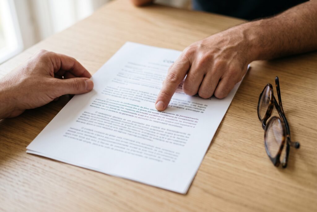 Pessoa a ler uma cláusula de garantia num contrato de obra