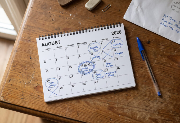 Calendário de secretária com vários dias assinalados a caneta, ao lado de um envelope