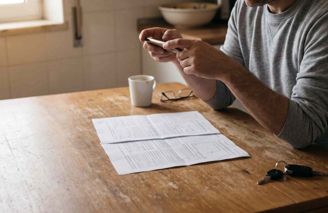 Homem a fotografar com o telemóvel as duas folhas preenchidas da declaração amigável, sobre a mesa da cozinha, antes de as entregar à seguradora.