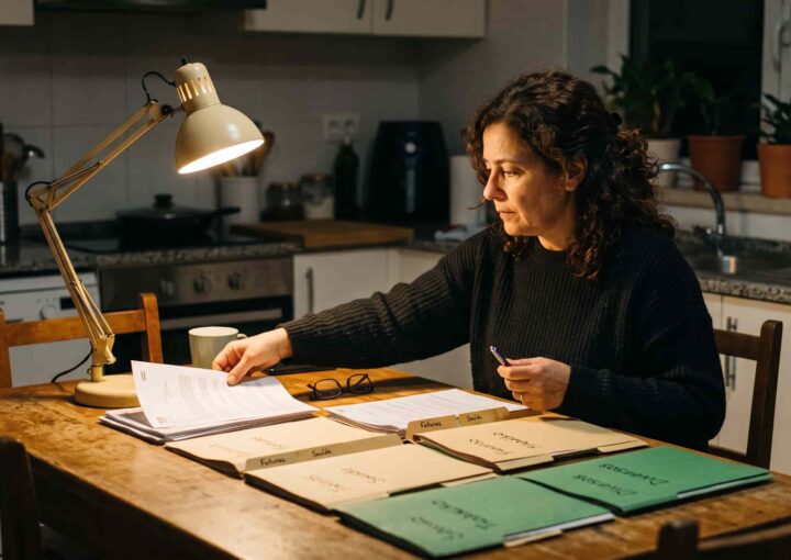Pessoa a organizar documentos à mesa da cozinha ao fim do dia