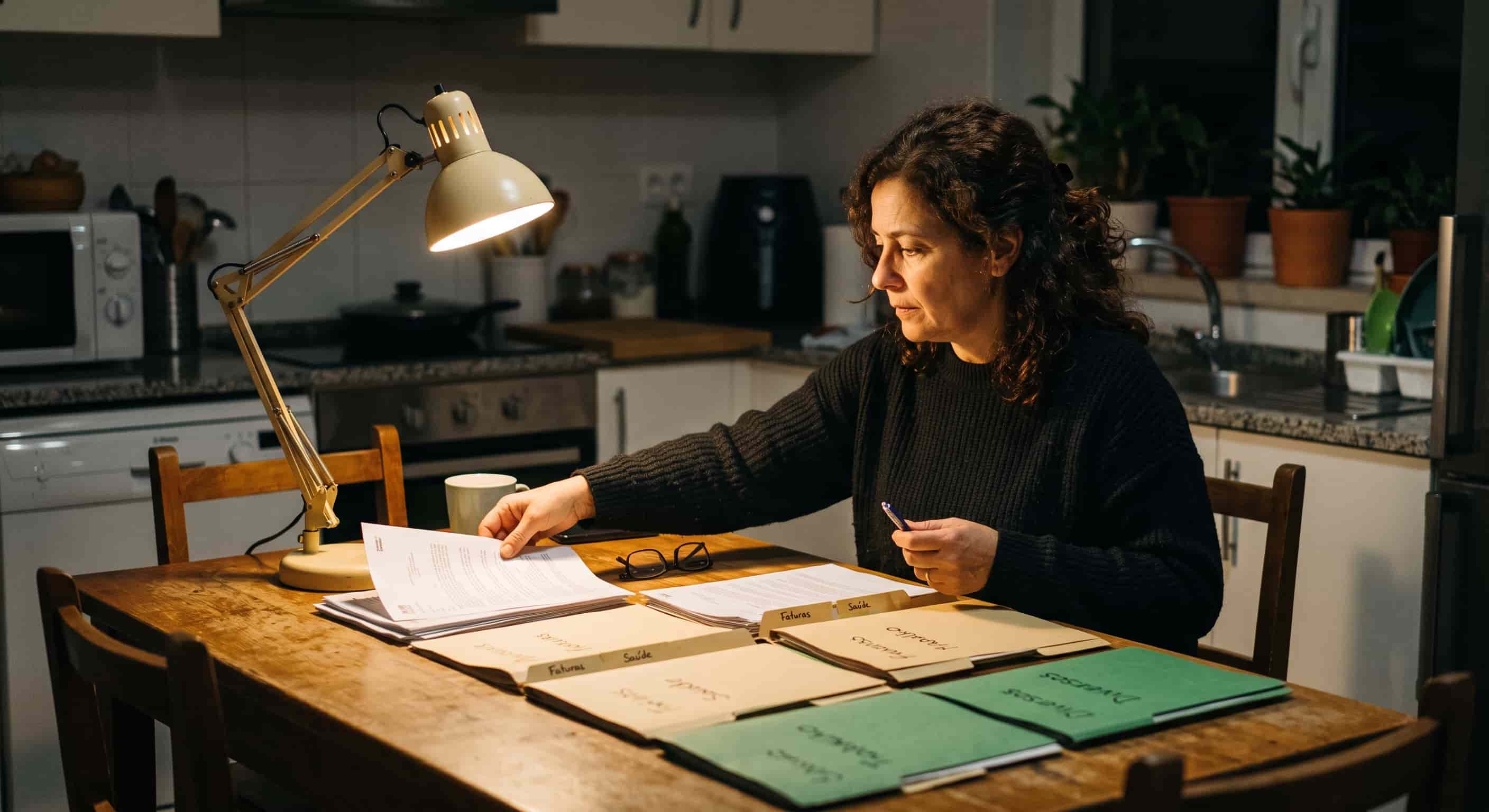 Pessoa a organizar documentos à mesa da cozinha ao fim do dia