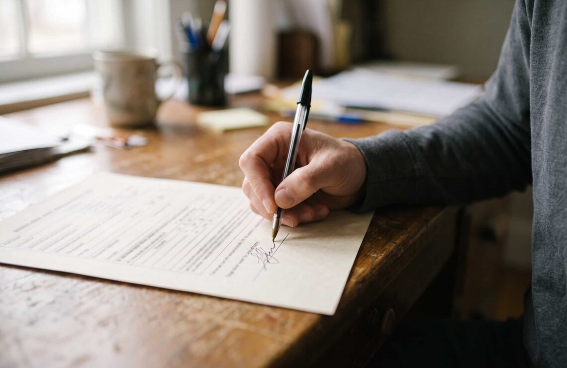 Mão a assinar um formulário de declaração de saúde