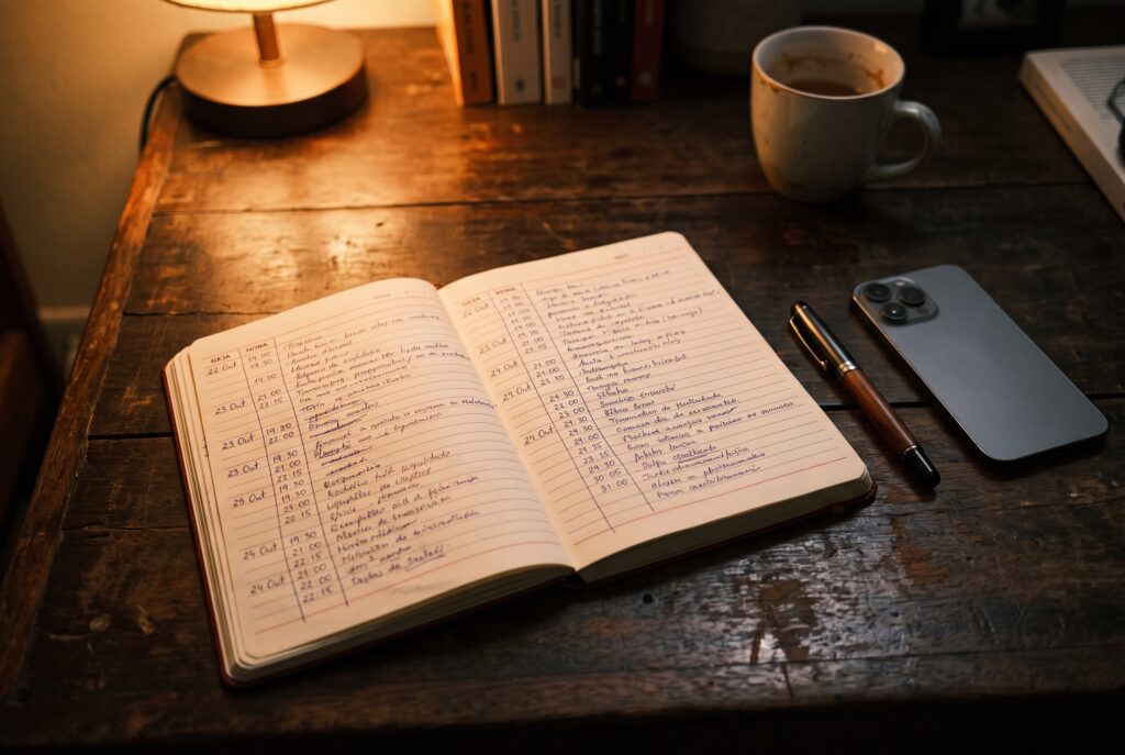 Caderno com registo manuscrito de datas e horas de ocorrências, ao lado de um telemóvel