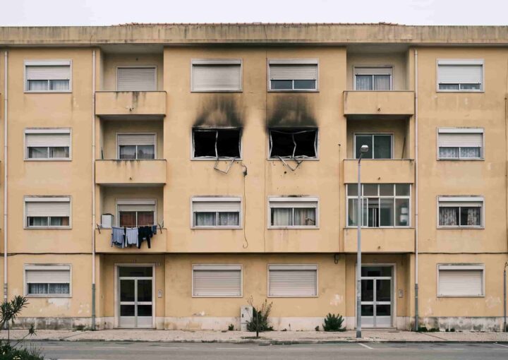 Fachada de um prédio de habitação com marcas de fuligem acima das janelas de um dos pisos