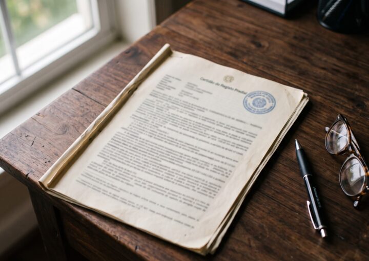Certidão do registo predial de um prédio em propriedade horizontal sobre uma secretária