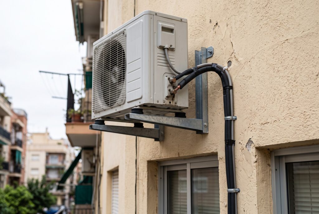 Unidade exterior de ar condicionado fixada na parede da fachada de um prédio