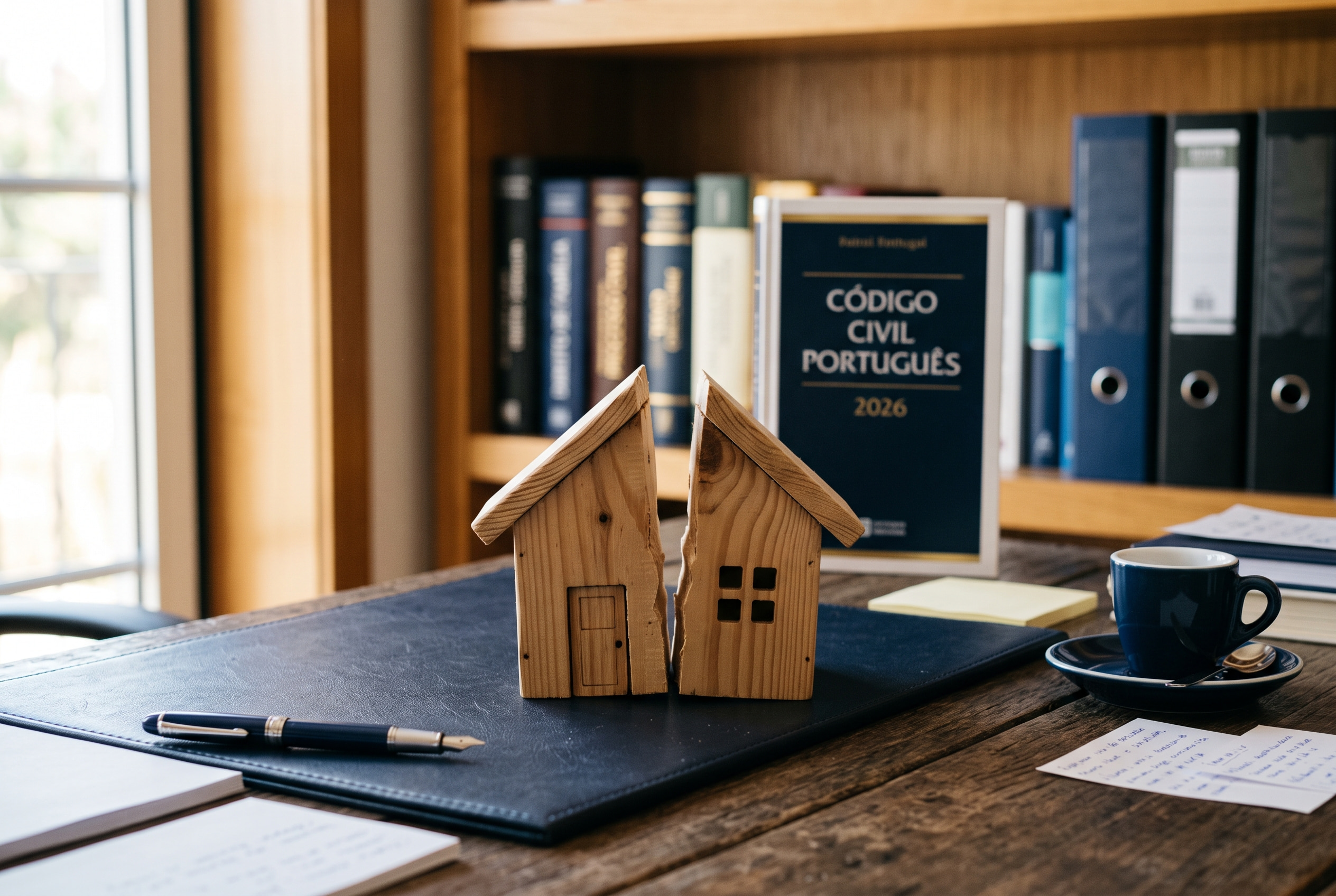 Maqueta de casa dividida em duas metades sobre mesa de advogado, a simbolizar usufruto e nua propriedade