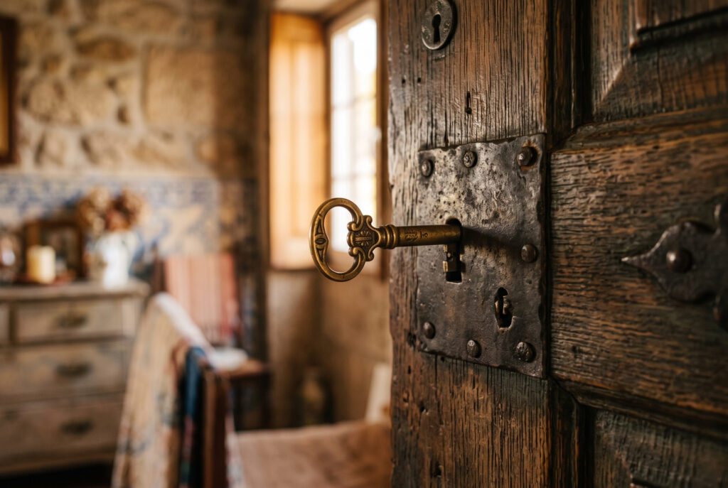 Chave na fechadura de uma porta de madeira em grande plano, a simbolizar quem tem o gozo exclusivo da casa
