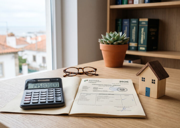 Calculadora e caderneta predial sobre mesa com casa em miniatura, a ilustrar o cálculo do valor do usufruto