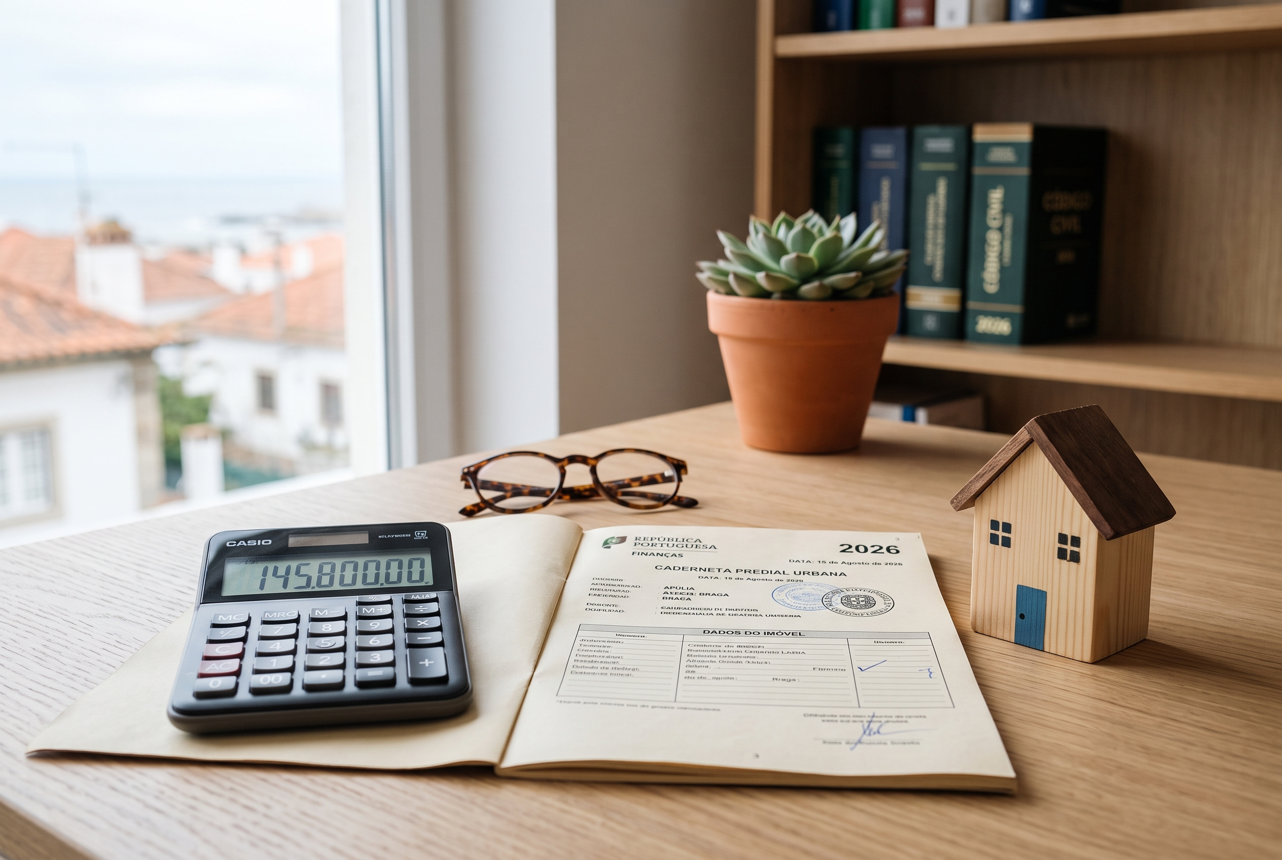 Calculadora e caderneta predial sobre mesa com casa em miniatura, a ilustrar o cálculo do valor do usufruto