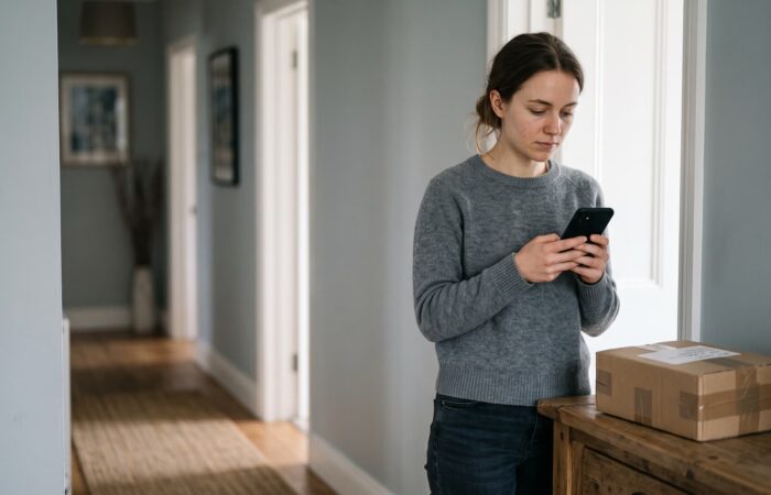Mulher a olhar para o telemóvel ao lado de uma encomenda embalada, depois de uma venda online.