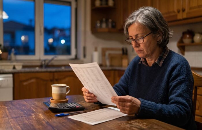 Mulher sentada à mesa a rever um extrato bancário com uma calculadora ao lado, ao fim do dia