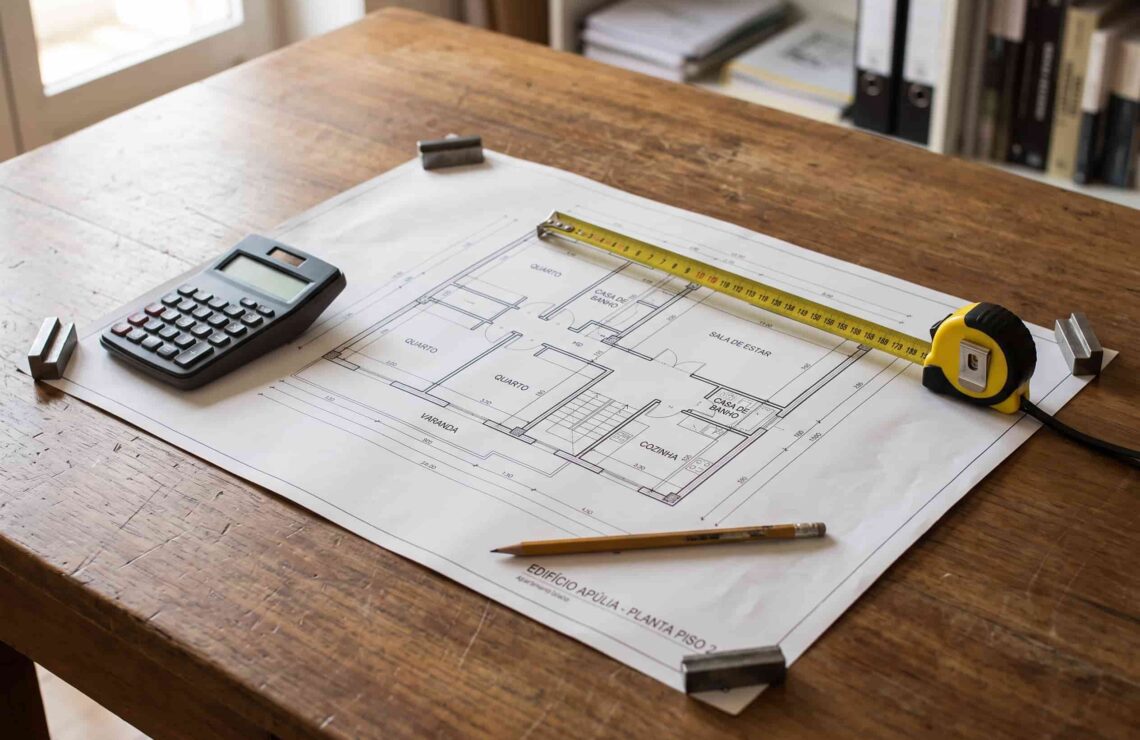 Planta de uma habitação aberta sobre uma mesa, com fita métrica e calculadora ao lado