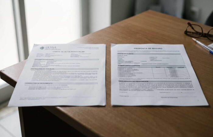 Carta de alta médica e proposta de seguro de vida pousadas lado a lado sobre uma mesa.