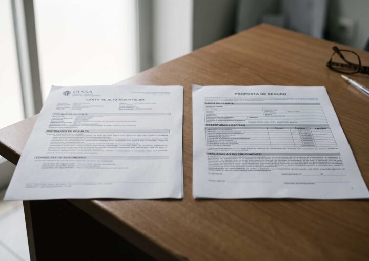 Carta de alta médica e proposta de seguro de vida pousadas lado a lado sobre uma mesa.