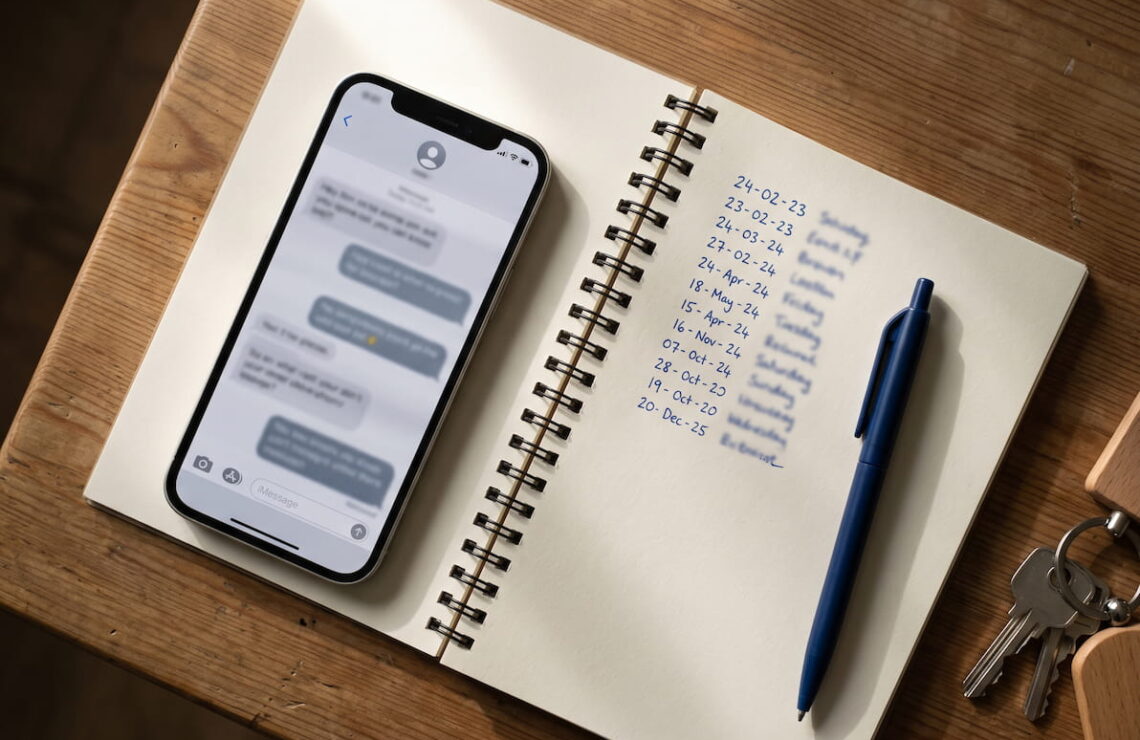 Telemóvel com uma conversa aberta, ao lado de um caderno com uma lista de datas escrita à mão.