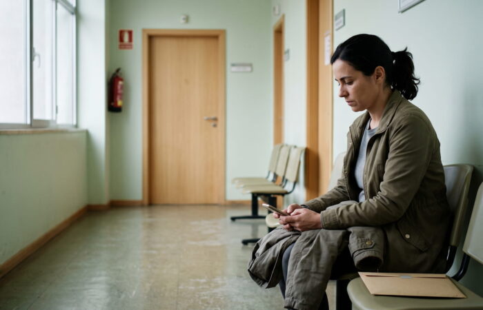 Mulher sentada numa sala de espera de um serviço público, a olhar para o telemóvel enquanto aguarda para apresentar queixa