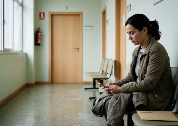 Mulher sentada numa sala de espera de um serviço público, a olhar para o telemóvel enquanto aguarda para apresentar queixa