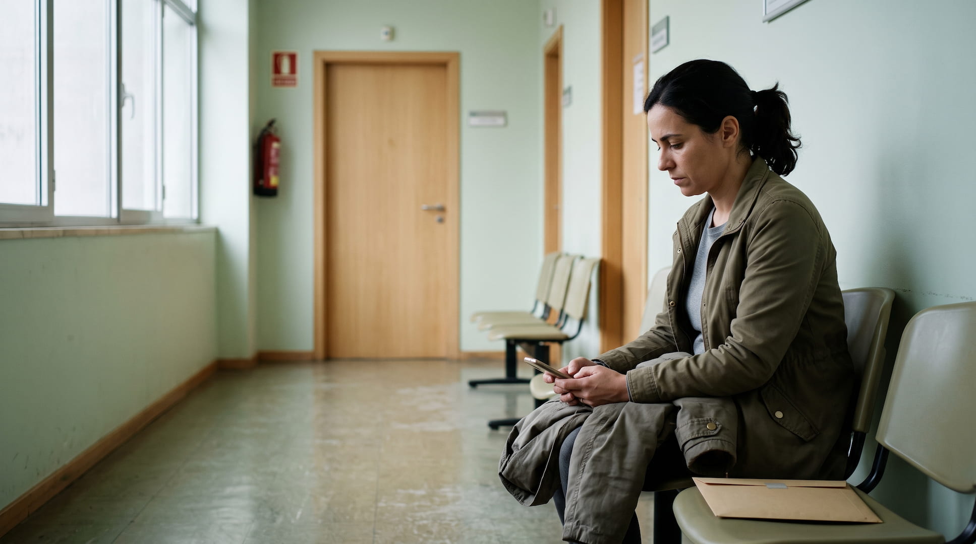 Mulher sentada numa sala de espera de um serviço público, a olhar para o telemóvel enquanto aguarda para apresentar queixa