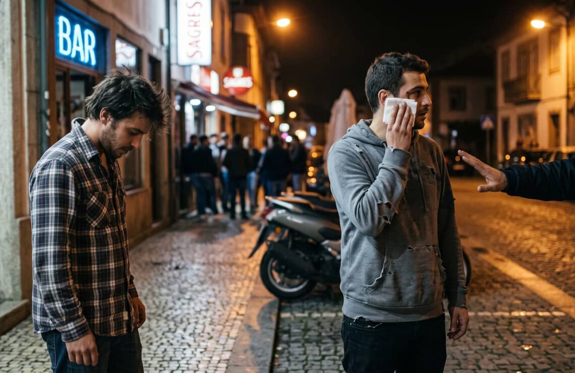Dois homens afastados à porta de um bar depois de uma troca de agressões, ambos com marcas visíveis.