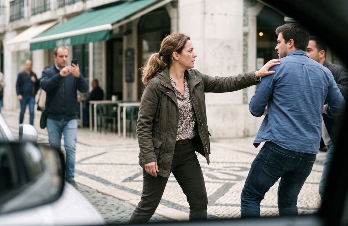 Mulher a intervir numa rua para travar uma agressão, com a mão a conter um dos envolvidos.