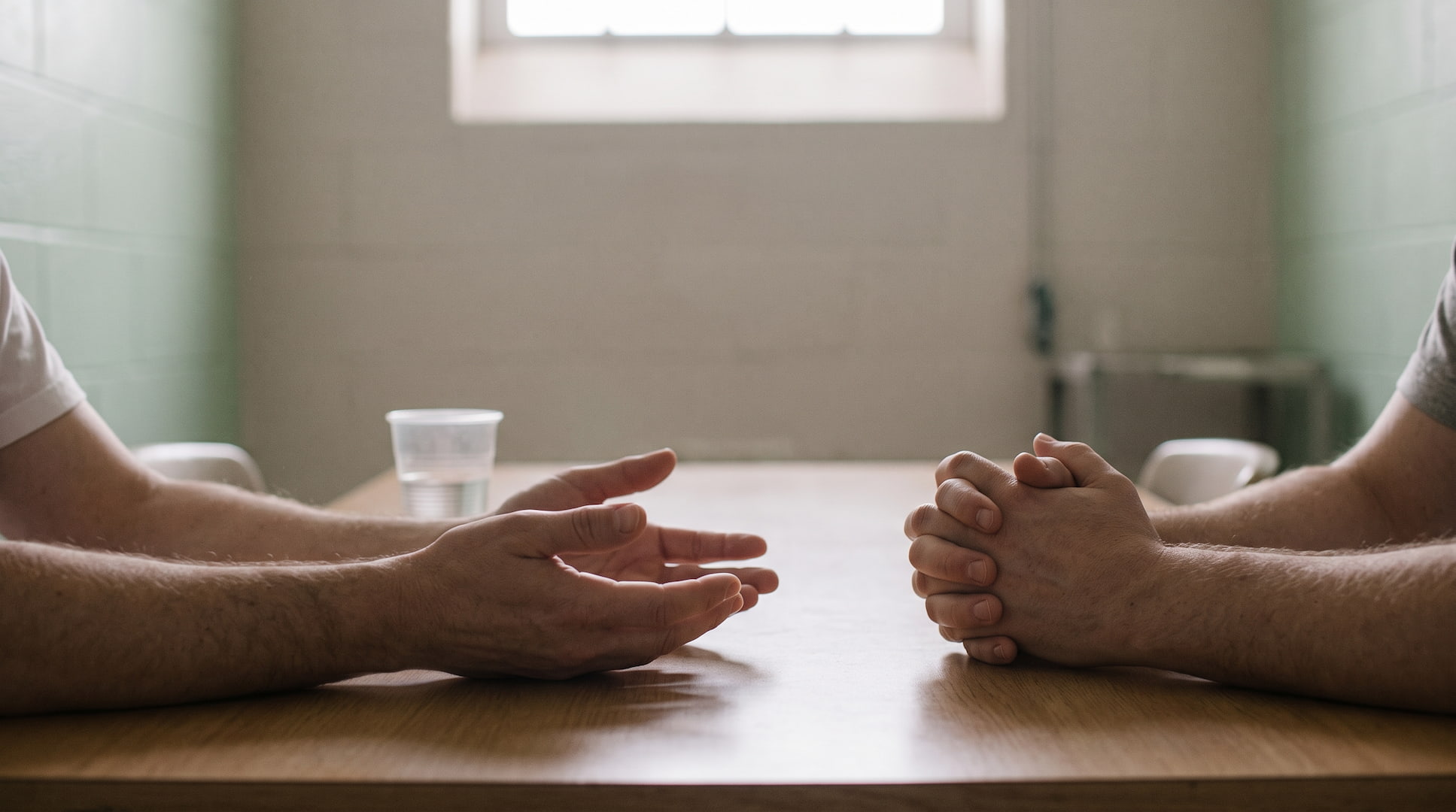 Duas pessoas sentadas frente a frente a uma mesa, com as mãos pousadas no tampo, numa sala de paredes claras.