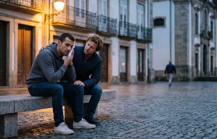 Homem sentado num banco de granito numa praça de Braga ao anoitecer, com uma compressa fria encostada ao rosto e um amigo ao lado