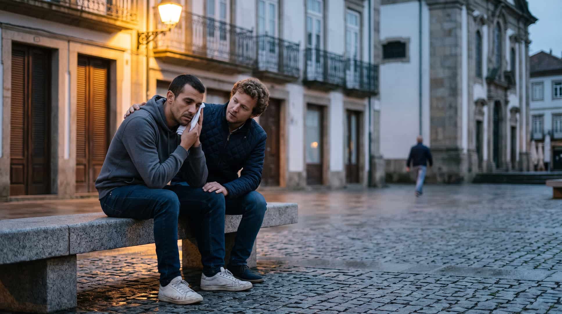 Homem sentado num banco de granito numa praça de Braga ao anoitecer, com uma compressa fria encostada ao rosto e um amigo ao lado