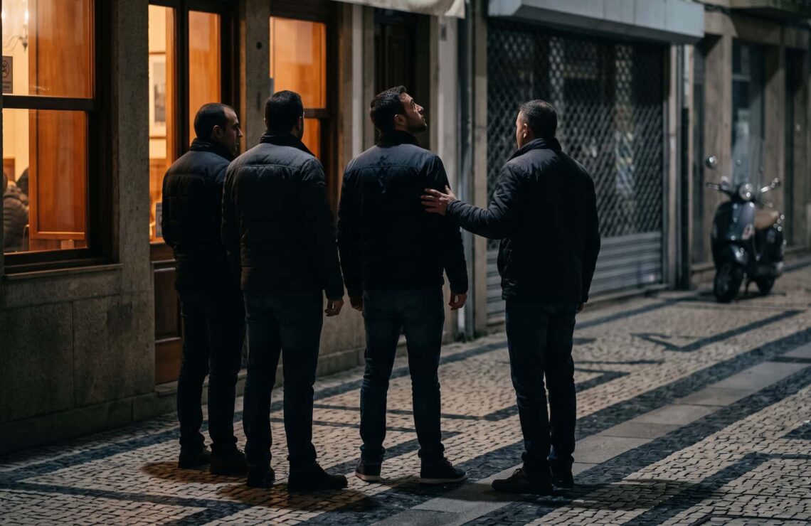 Grupo de três pessoas frente a outra numa rua à noite, com os participantes distinguíveis um a um.