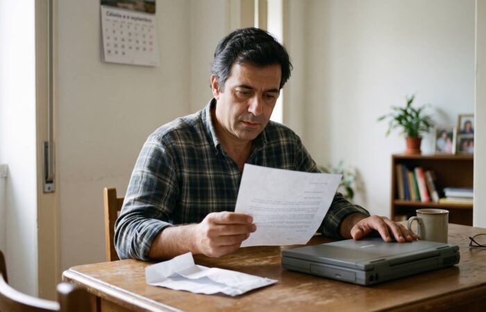 Homem a ler uma citação de execução fiscal à mesa, com envelope aberto e calendário ao lado